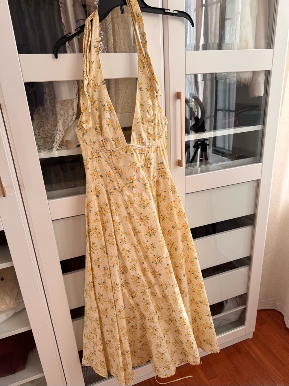 Yellow Floral Halter Midi Dress